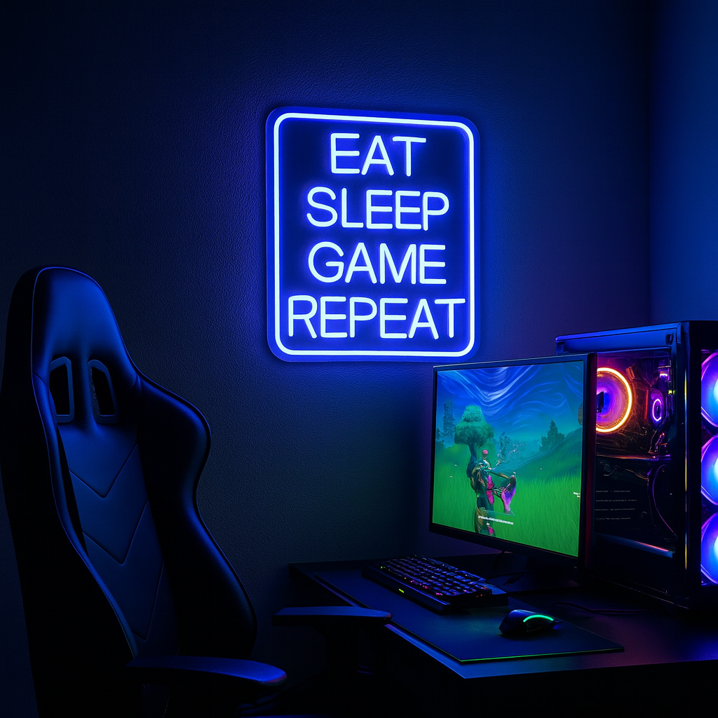 Eat Sleep Game Repeat Neon Vägglampa
