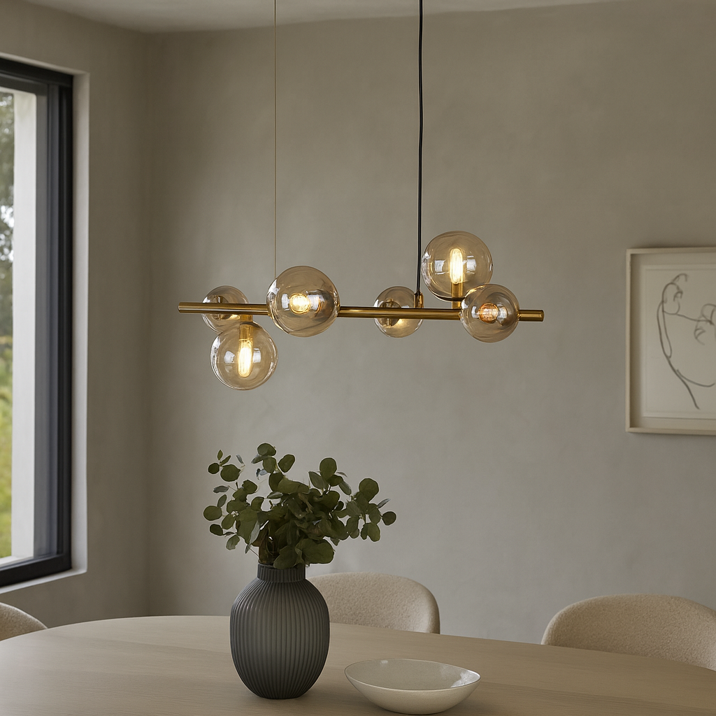 Valencia Långbordstaklampa 63cm Mässing/Amber-Lampconcept.se