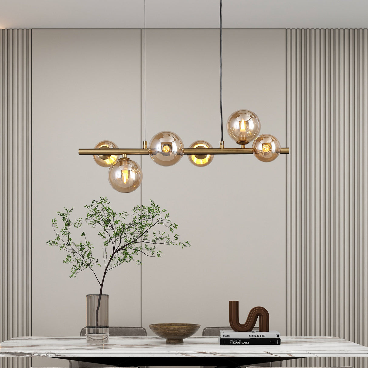 Valencia Långbordstaklampa 63cm Mässing/Amber-Lampconcept.se